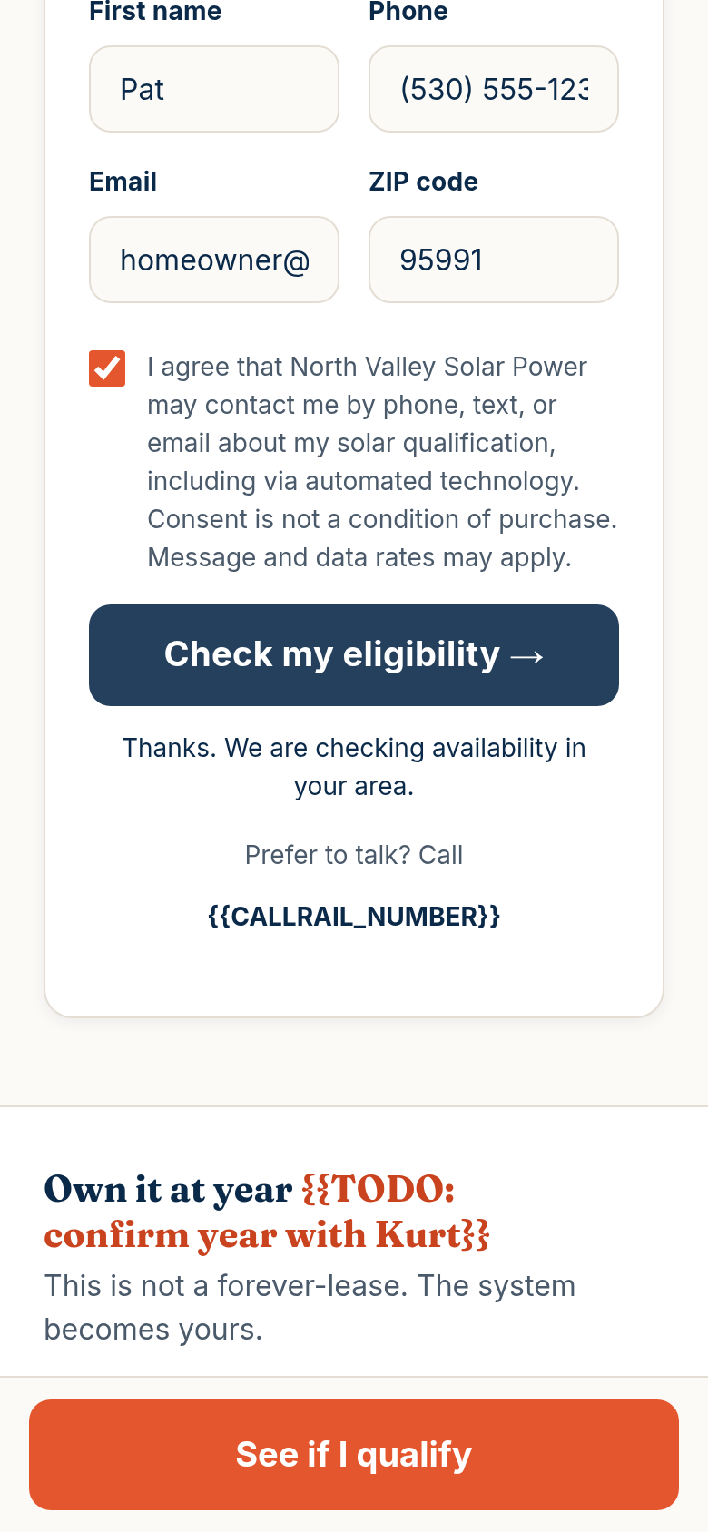 01 split form after a filled submit, showing the confirmation message