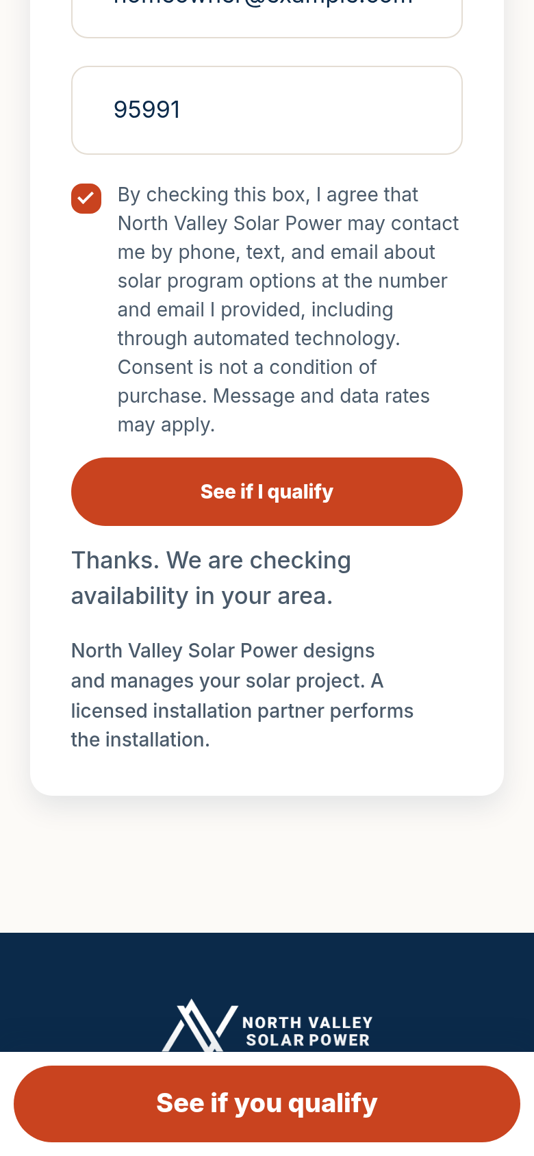 11 solarex after a filled submit, showing the confirmation message